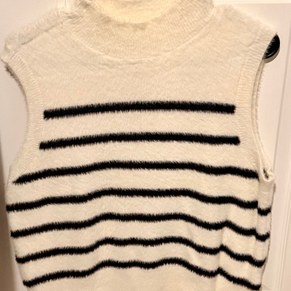 Bailey 44 Black and White Striped Fuzzy Sleeveless Turtleneck Sweater